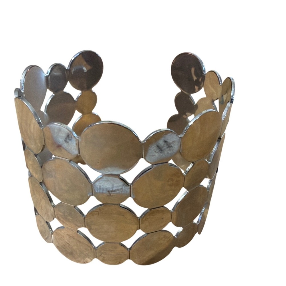 Silver Tone Geometric Disc Statement Cuff Bracelet Wide Open Back Statement